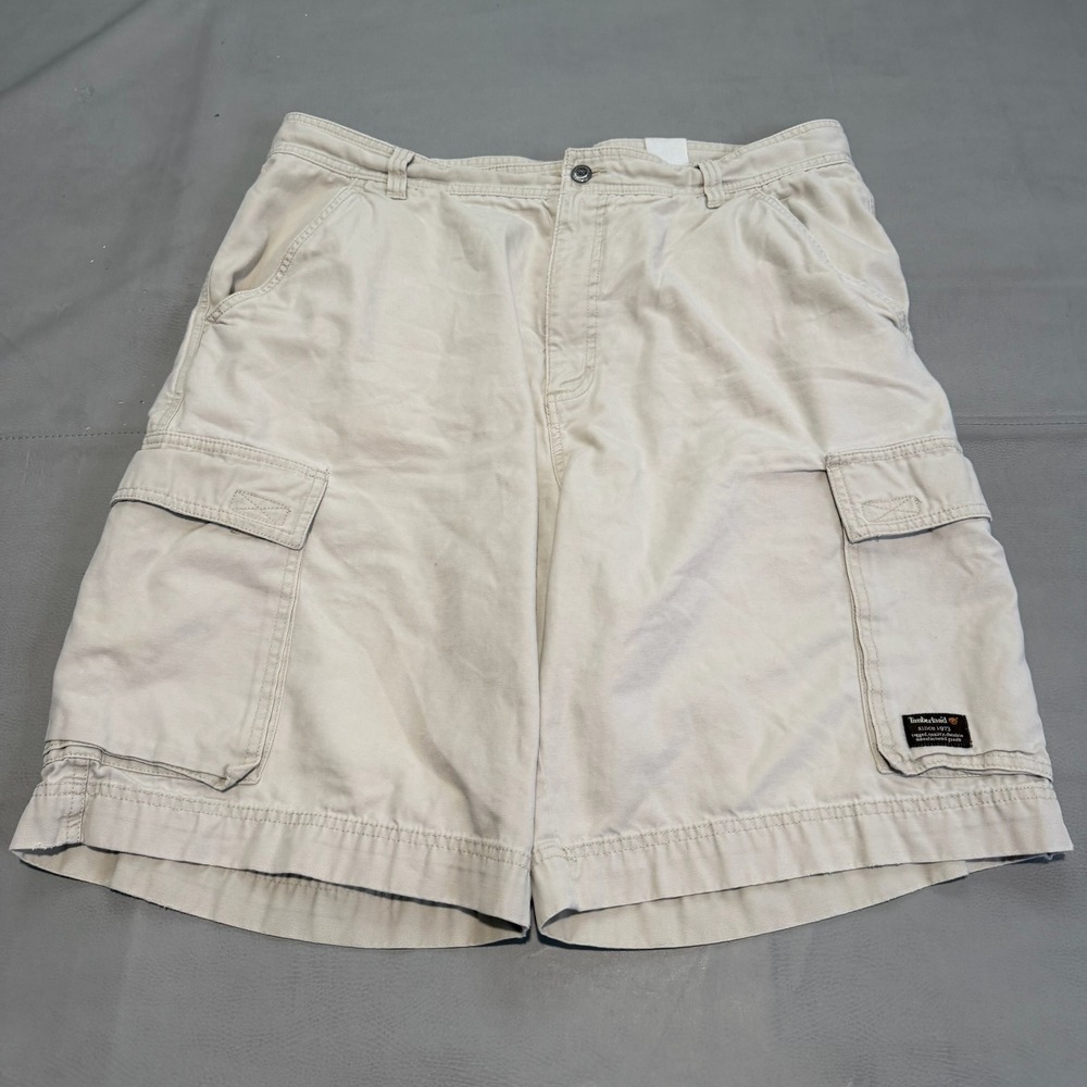 VTG Y2K Timberland Men Beige Cotton Wide Baggy Cargo Short Skate Emo-38x11-6948